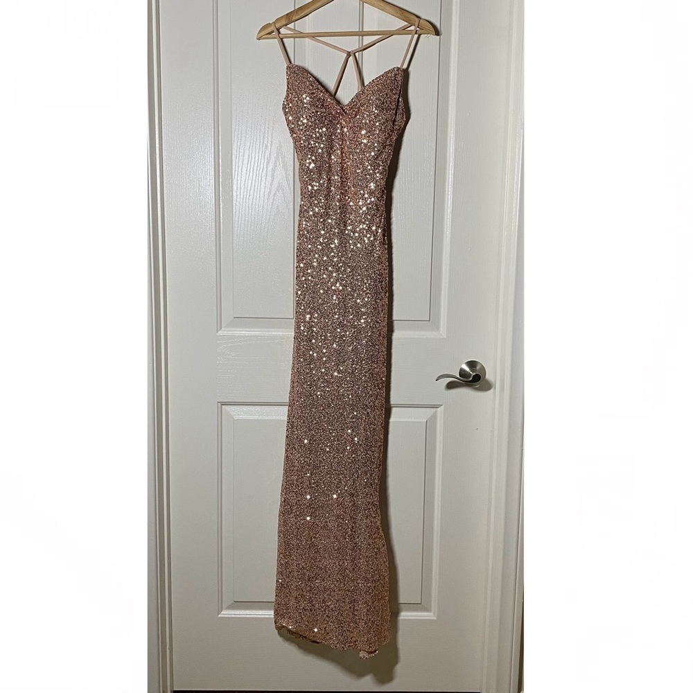 La Femme Sparkling Tan Maxi Dress - Picture 2 of 16